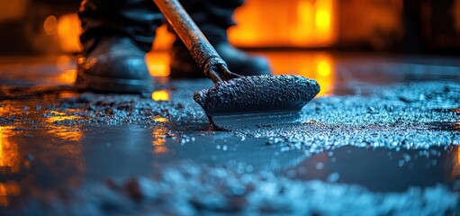 Nighttime Construction Worker Smoothing Wet Concrete