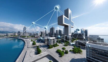 Modern city skyline with digital connections.