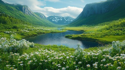 Serene mountain valley with a tranquil lake and wildflowers. Lush green meadows meet a clear, flowing river in a picturesque valley.  Snow-capped mountains frame the scene, bathed 