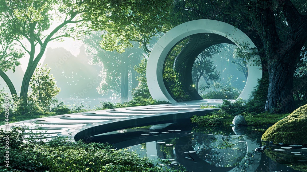 Poster enigmatic bridge embraced by a lush forest creating a surreal scene illuminated by cinematic lightin