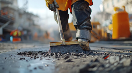 Construction Worker Sweeping Debris at a Work Site