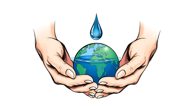 Conceptual illustration of cupped hands holding a globe filled with water with a single water droplet falling water conservation global resource environmental