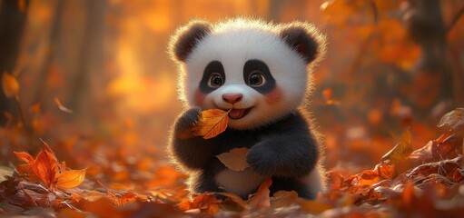 Fototapeta premium Adorable Autumn Panda Cub: A Digital Painting of a Cute Panda Bear Amongst Fall Leaves