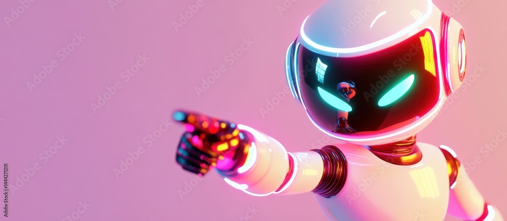 Poster futuristic robotic character with gleaming neon accents pointing