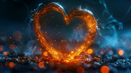Golden Bokeh Heart with Fireflies and Stars on Indigo Background