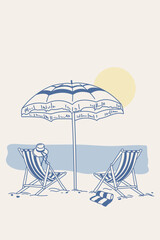 Hand drawn vector illustration in pencil sketch style pencil sketch beach scene with umbrella, deck chairs and hat.Line art