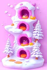 Whimsical stacked dwellings in dreamy winterscape with pastel palette