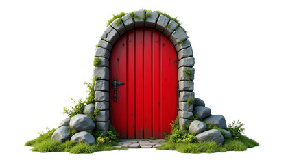 A charming red door framed by stones and greenery.