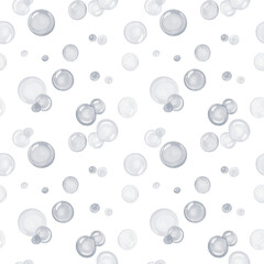  Seamless pattern with bubbles. Lots of air and soap balls. Blue and light blue circles. Water splashes. Watercolor illustration isolated from background. Hand drawing.