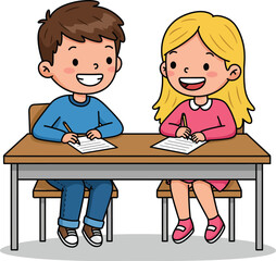 Kids Studying Together, Boy and Girl Writing at School Desk