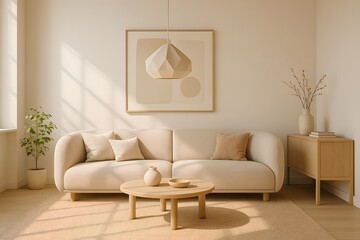 Sophisticated minimalist living space featuring contemporary furniture, neutral color scheme, cozy textures, and stylish geometric decor. Elegant home interior inspiration.