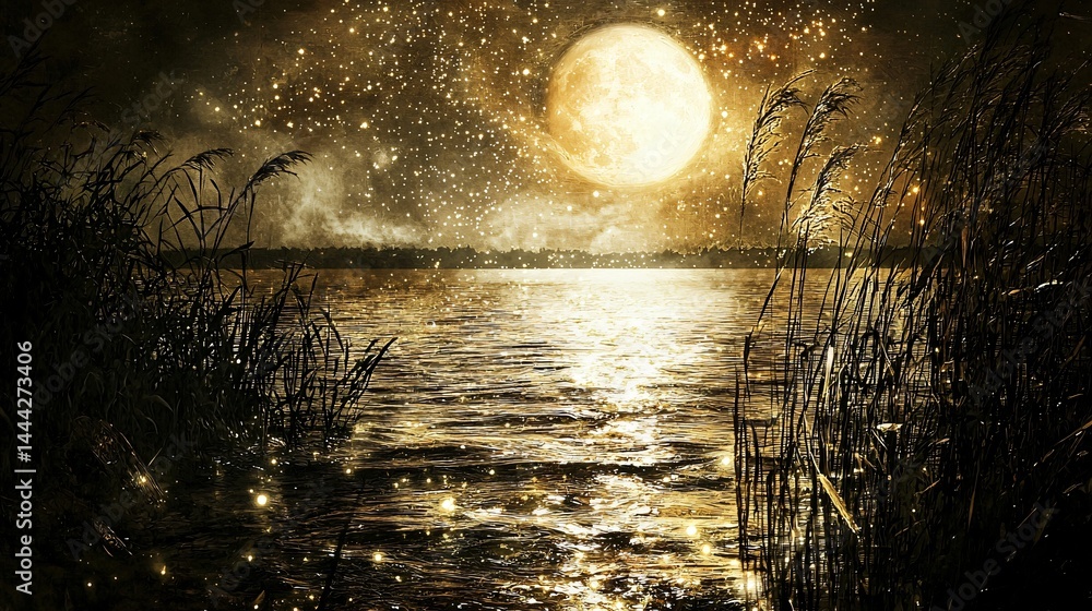 Poster serene lake under the glorious full moon with shimmering stars above creating a captivating nighttim
