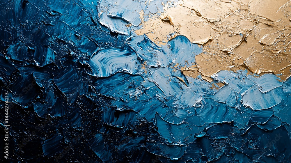 Poster blue and gold abstract painting featuring moody shadow play and aerial perspective to create a uniqu