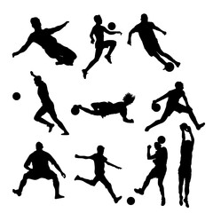 Football player silhouette, Soccer Player Doing Overhead Kick, dribbling football shadow art, Football player vector. Vector illustration