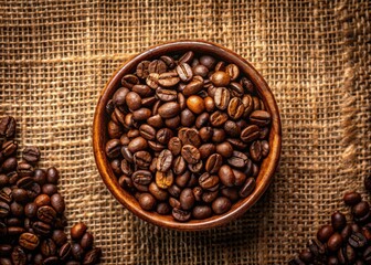 Fototapeta premium Silhouette Coffee Beans Bowl Top View, Arabica Grains, Roasted Coffee, Burlap Sackcloth Background, Closeup Photography