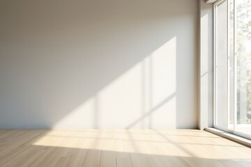 Obraz premium Bright Minimalist Room with Sunlight Casting Shadows on Wall and Wooden Floor, Emphasizing Clean Aesthetic and Natural Light. 