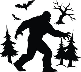Epic Bigfoot Silhouette Vector Collection Featuring Forest, Mountain, and Mythical Cryptid Scenes in Minimalist Black Style
