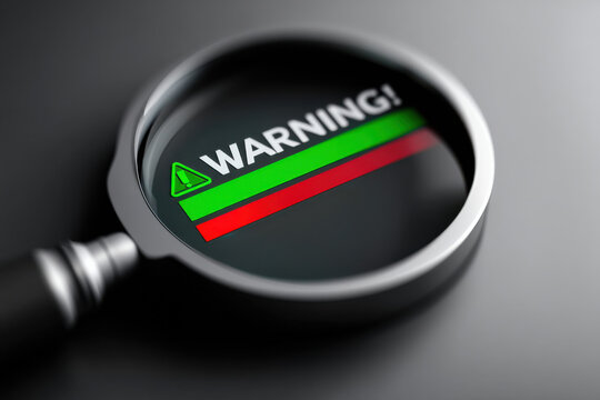Magnifying glass highlighting warning icon on loading bar indicating issue detection, error troubleshooting, and system malfunction alerts