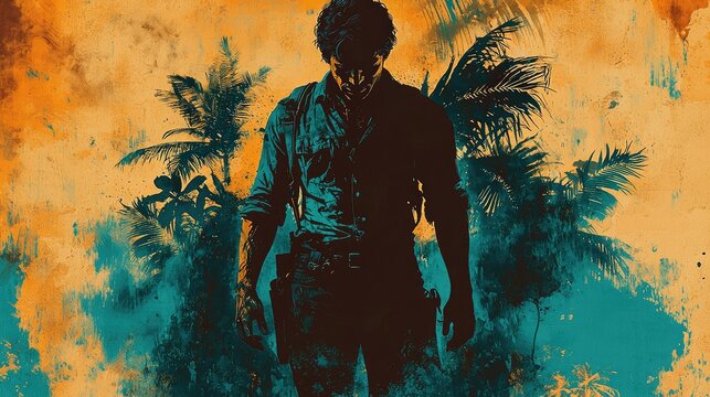 Silhouette of a man in a tropical setting, suggestive of a video game