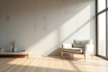 Fototapeta premium Minimalist Living Room with Modern Armchair and Natural Light from Large Window, Featuring Wooden Flooring 