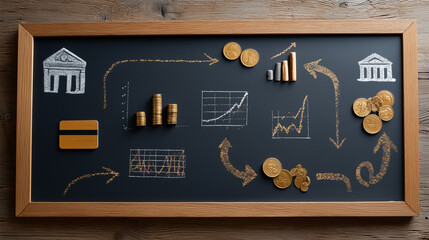 Financial Path: A chalkboard illustration depicts the intricate journey of money and banking, from credit cards to coins, illustrating a financial cycle