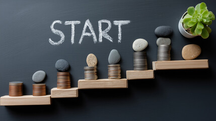 Stepping Up to Success: A creative visual metaphor using stones and coins arranged in a staircase formation. Featuring the word "START" at the top, the image embodies a journey.