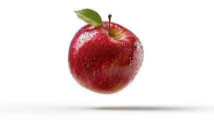 Fresh Red Apple Floating with Water Droplets and Green Leaf