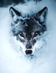 A wolf's head emerging from the snow. It's winter, and there are no trees or plants in background. The whole scene evokes feelings of horror and fear.
