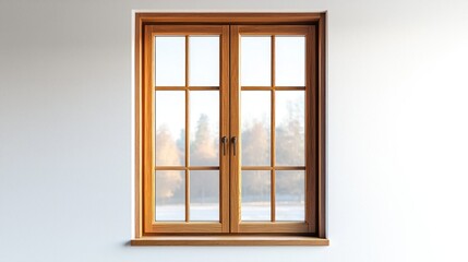 Fototapeta premium Wooden window with frosted glass and a simple, natural wood frame on a white background.