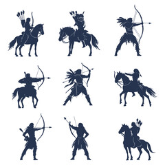 Set of knight silhouettes riding horses with swords and lances