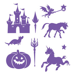 Set of fairytale unicorns, castles, and magical pumpkin cart