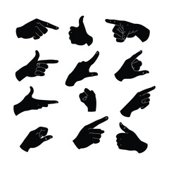 Set of hand silhouettes in various gestures and sign language poses