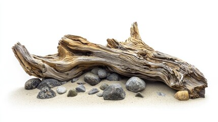 Fototapeta premium Worn driftwood among rocky formations on beach sand on white background.