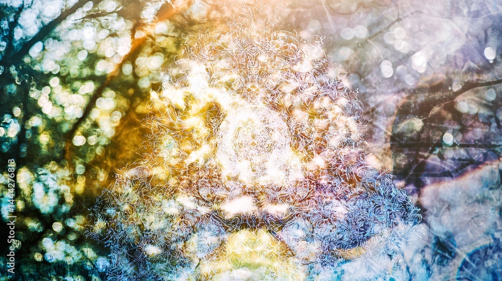 Poster a majestic tree covered in a thick layer of snow glimmering under harsh light with abstract artistic