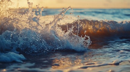 Close up of a wave crashing on a beach at sunset, capturing the beauty and energy of the ocean.