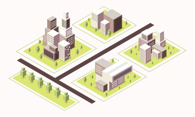 Eco-Friendly Isometric Neighborhood Grid with Mixed Residential and Commercial Buildings