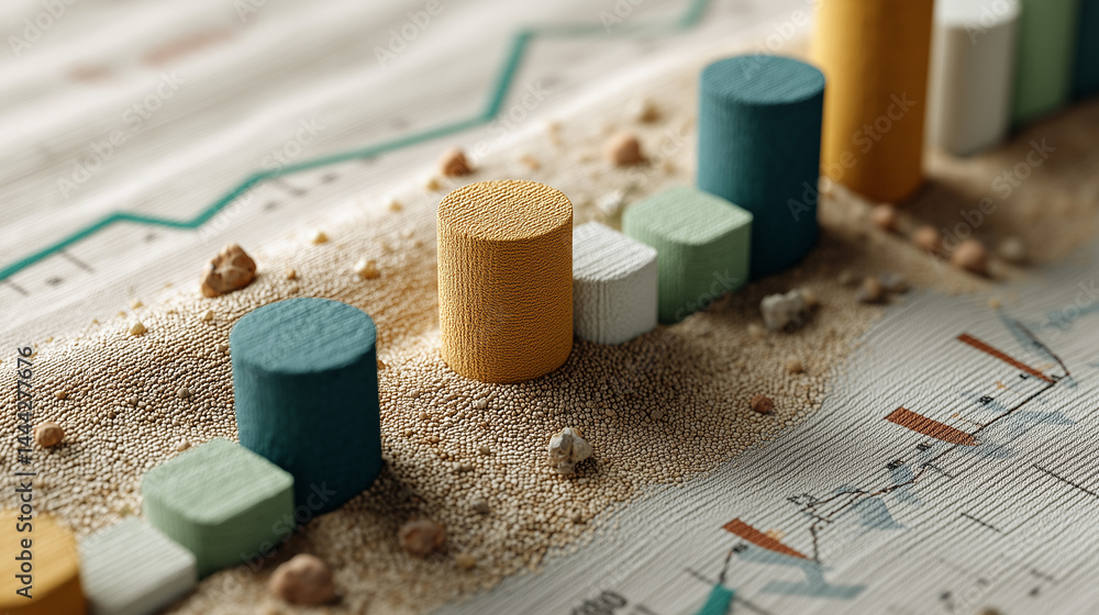 Poster data visualization in the sand: abstract conceptual image illustrating business growth and trend ana