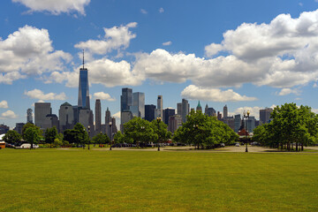 New York City skyline. Manhattan Skyscrapers in NYC, panorama view from Hudson River.