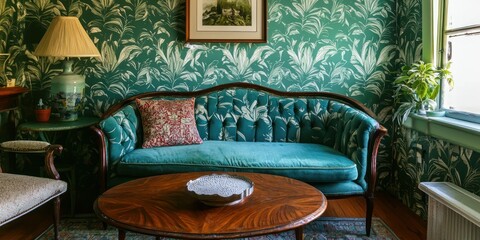 Serene interior shot of a green living room with turquoise sofa, table, and leaf wallpaper.