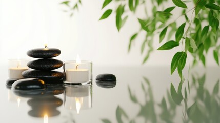 Tranquil Spa Scene with Black Stones, Candles, and Green Leaves for Relaxation and Serenity