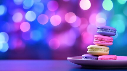 Obraz premium Colorful macarons stacked on a plate, with a blurred vibrant bokeh background, creating a festive atmosphere