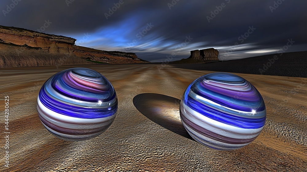 Aufkleber unique perspective of two spheres resting on a desert landscape with high-key lighting effects and c