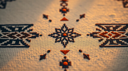 Traditional embroidered textile pattern with geometric ethnic snowflake motif in warm lighting.