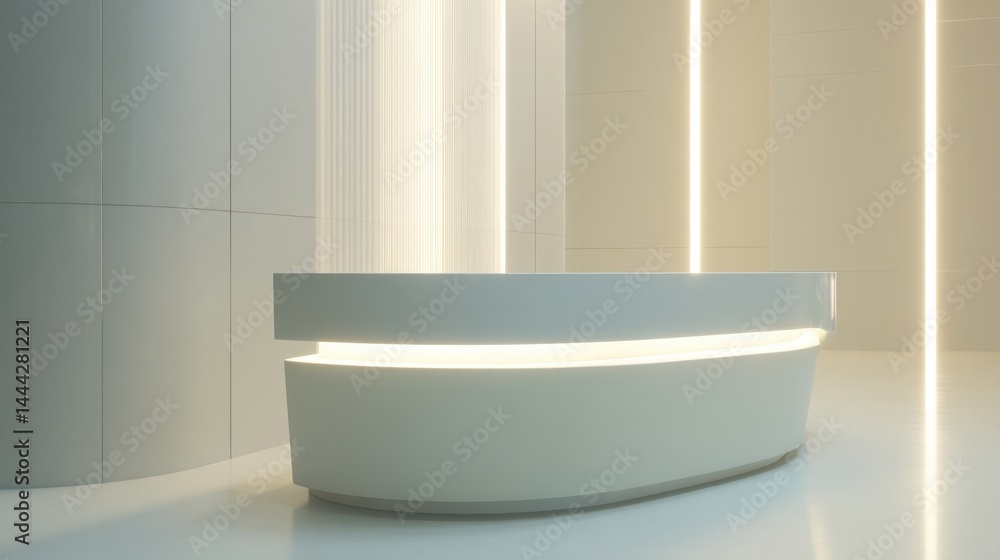 Poster clean minimalist setting features futuristic podium bathed in soft light emphasizing sleek lines and