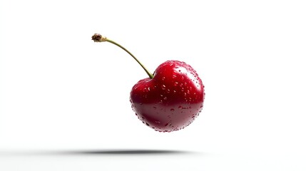 Fresh Red Cherry with Stem and Water Droplets Against White Background