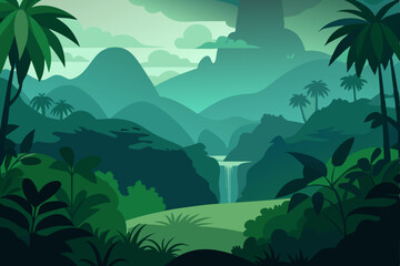 A vibrant tropical landscape features a lush jungle and dense forest, with an island framed by swaying palm trees
