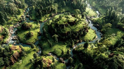 Aerial view of a vibrant green rainforest landscape with winding river