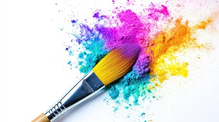 Fototapeta premium A burst of colorful powder with a paintbrush on white background