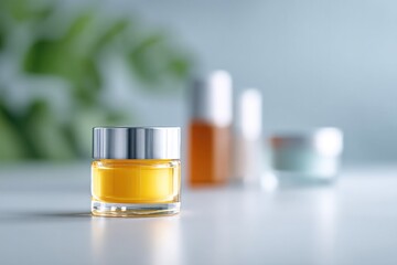 close-up of natural skincare products on clean white surface with blurred people in background