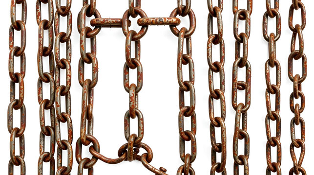 Isolated rusty metal chains displayed against a white background, showcasing the unique texture and character of rusty metal chains in a clear and striking composition.